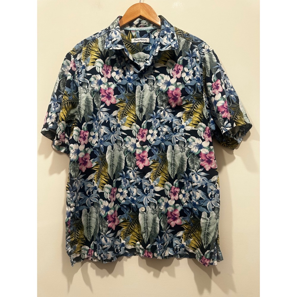 Tommy Bahama Mens Large Silk Tropical Floral Camp Shirt Navy Blue Short Sleeve